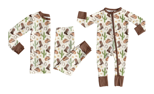 ( Moq 5 Each Style ) Boys Kids Toddler Western Boots Cactus Sibling Zipper Romper Set