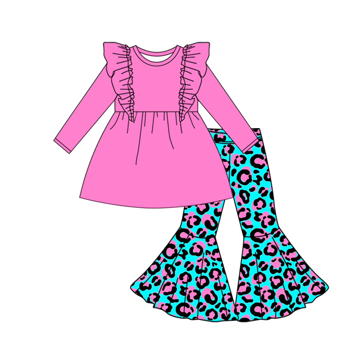 Baby Girl Long Sleeves Pink Cotton Ruffle Tops Leopard Bell Pants Set