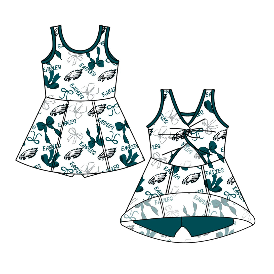 ( Moq 5 each style ) Baby Girl Toddler Team Green Bows Sibling Skort Dress Set 6.9