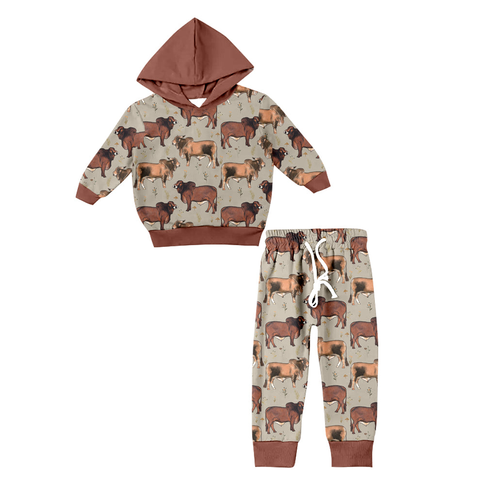 Baby Boy Long Sleeves Western Cow Hoodie Shirt Pants Brown Set