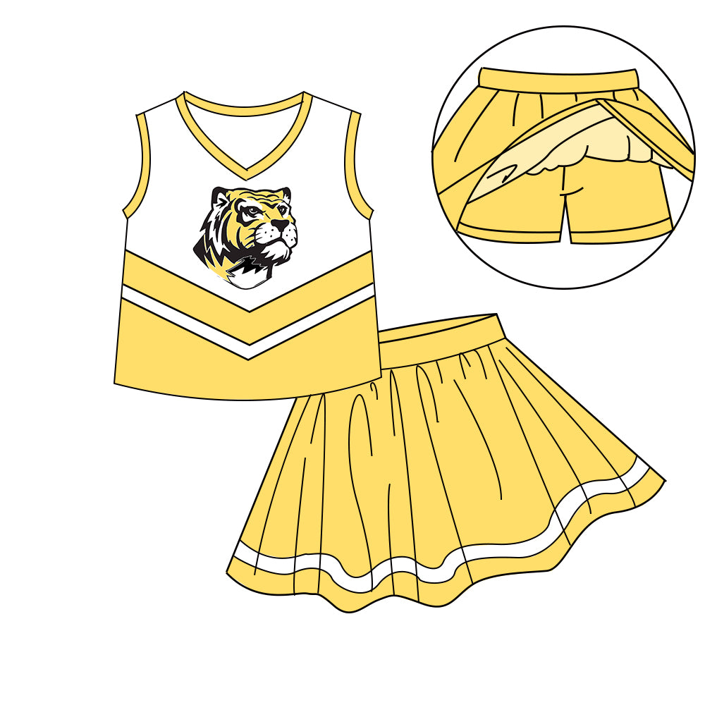 ( Moq 5 each style ) Baby Boy Girl Team Cheer Sibling Shirt Tiger Yellow Bows Jumpsuit Dress Set 7.30