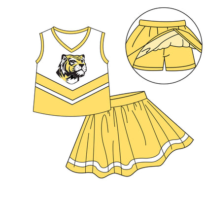 ( Moq 5 each style ) Baby Boy Girl Team Cheer Sibling Shirt Tiger Yellow Bows Jumpsuit Dress Set 7.30