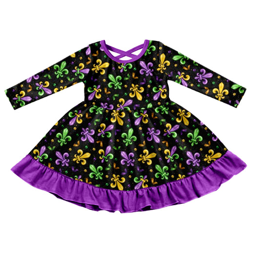 Baby Girl Long Sleeves Mardi Gras Ruffle Knee Length Dress