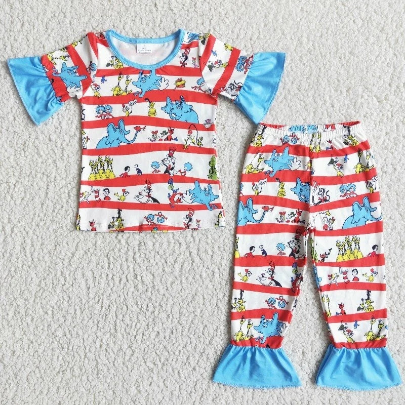 E5-11 Baby Girl Short Sleeves Dr Reading Shirt Stripes Pants Pajamas Set