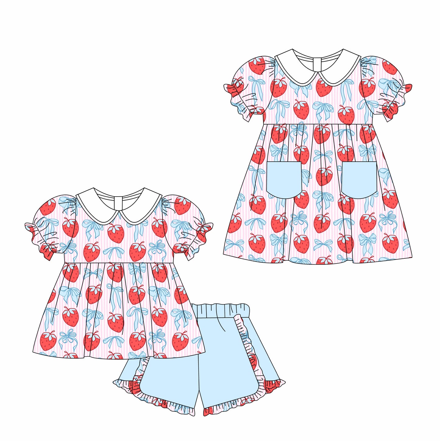 ( Moq 5 Each Style ) Baby Girls Kids Short Sleeves Strawberry Bows Sibling Dress Set