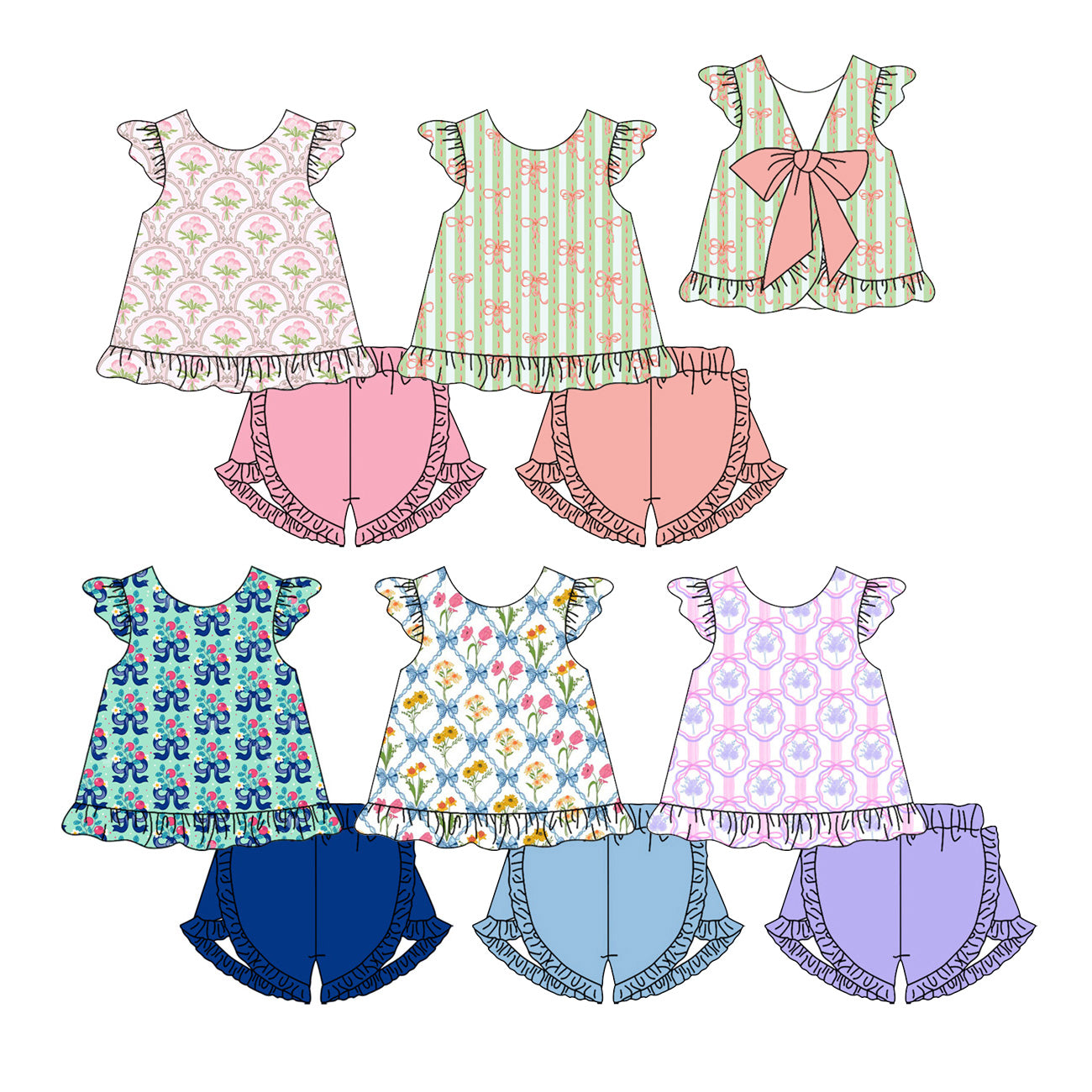 ( Moq 5 Each Style ) Sibling Baby Girls Kids Flower Bows Tops Ruffle Shorts Sets Summer Clothes