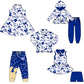 ( Moq 5 each style ) Baby Boy Girl Team Cheer Sibling Shirt Blue Bows Dress Set 8.11