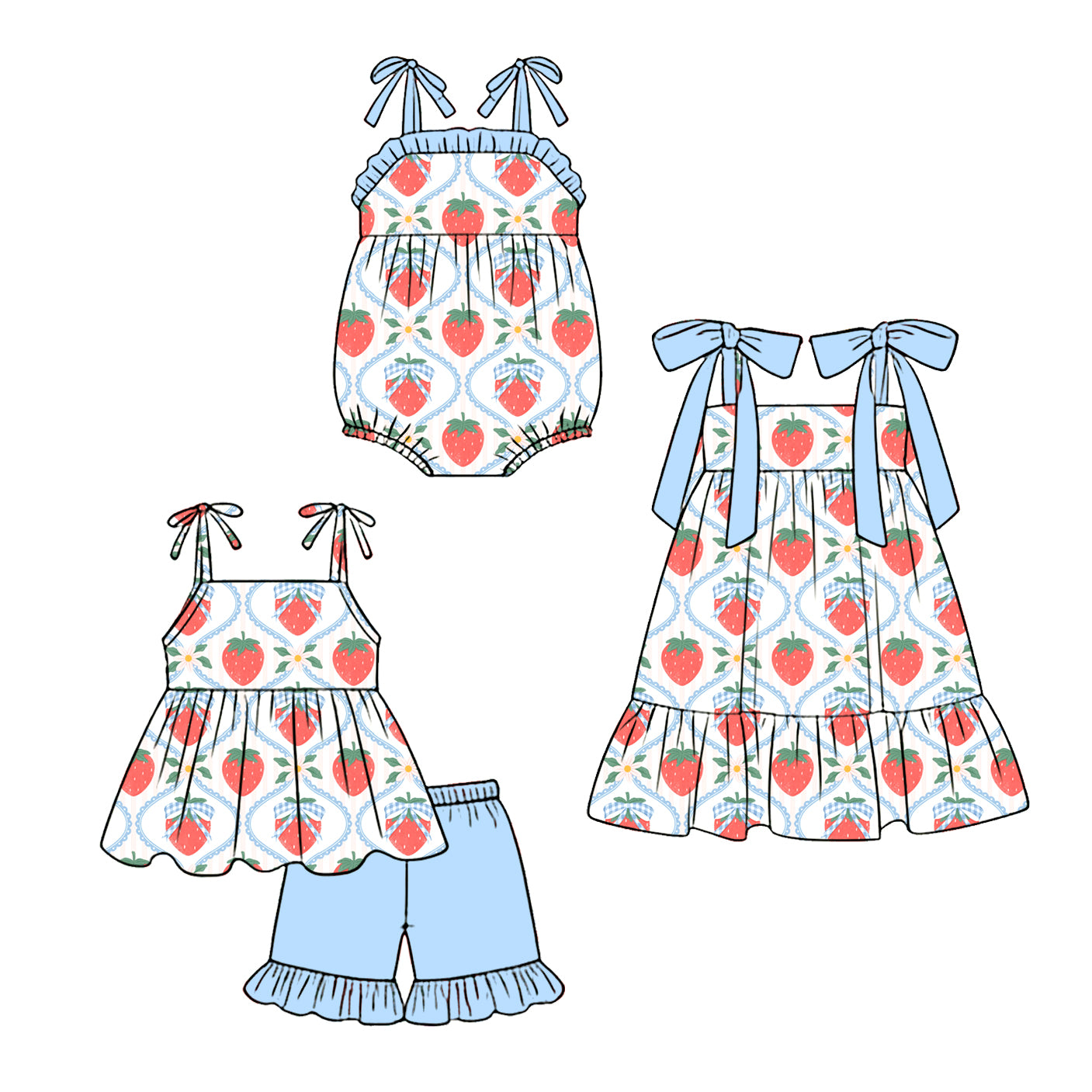 ( Moq 5 Each Style ) Sibling Baby Girls Kids Strawberry Flower Romper Dress Set Clothes