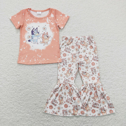 GSPO1335 Baby Girl Short Sleeves Little Sister Shirt Dogs Floral Bell Pants Set