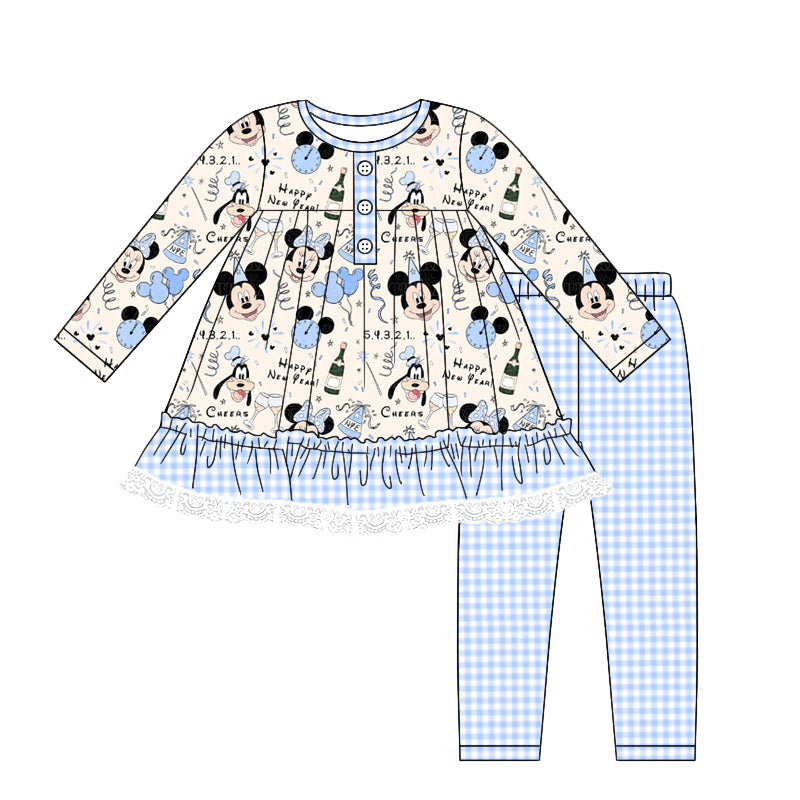 Baby Girl Long Sleeves Cartoon Birthday Tops Blue Pants Set