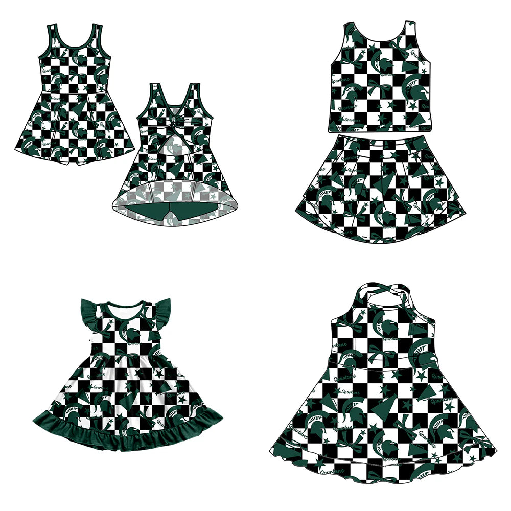 ( Moq 5 each style ) Baby Girl Toddler Team Green Bows Cheer Sibling Checked Dress Set 6.30