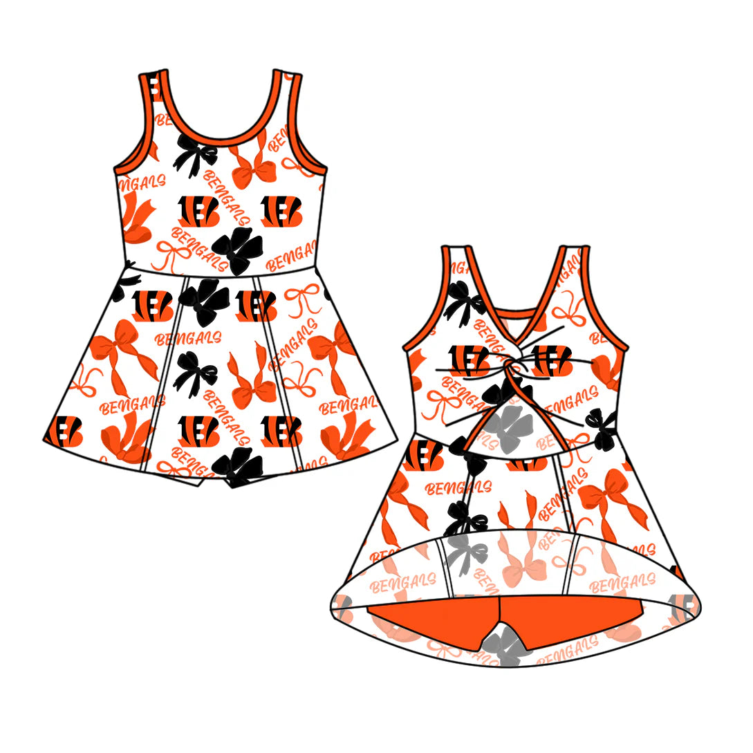 ( Moq 5 each style ) Baby Girl Toddler B Team Orange Bows Sibling Skort Dress Set 6.11
