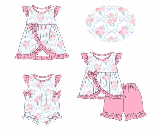 Baby Girl Short Sleeves Flower Pink Bows Sibling Romper Dress Set ( Moq 5 Each Style ) 3.8