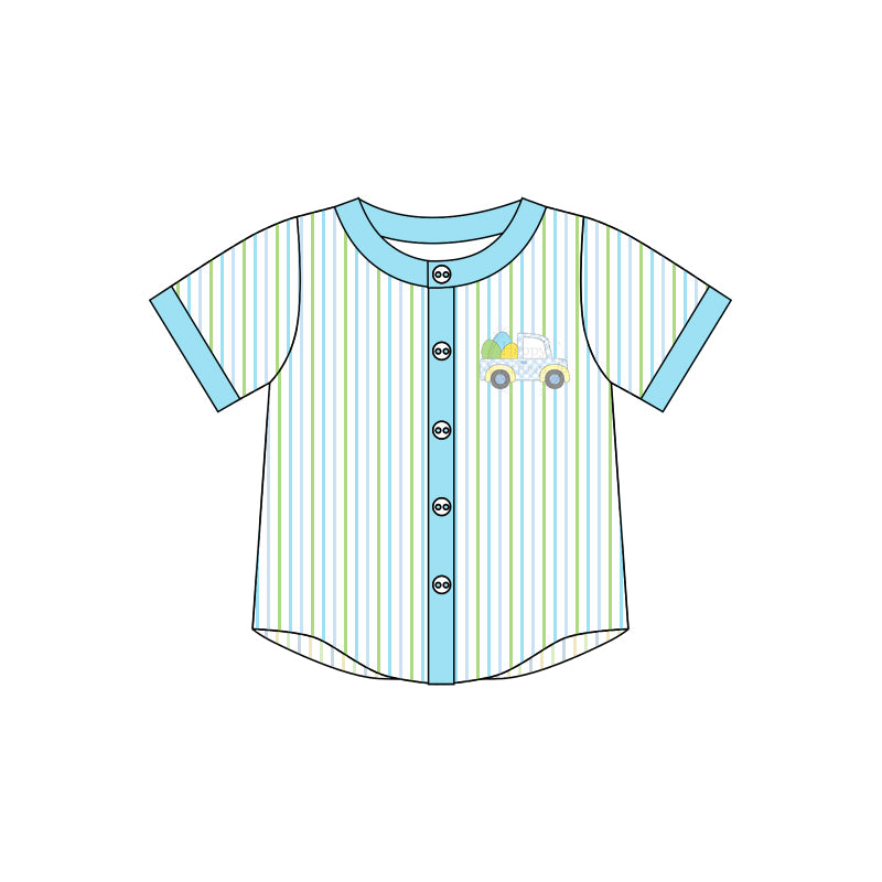 Baby Boy Short Sleeves Stripes Easter Egg Truck Print Buttons Shirt Moq 5