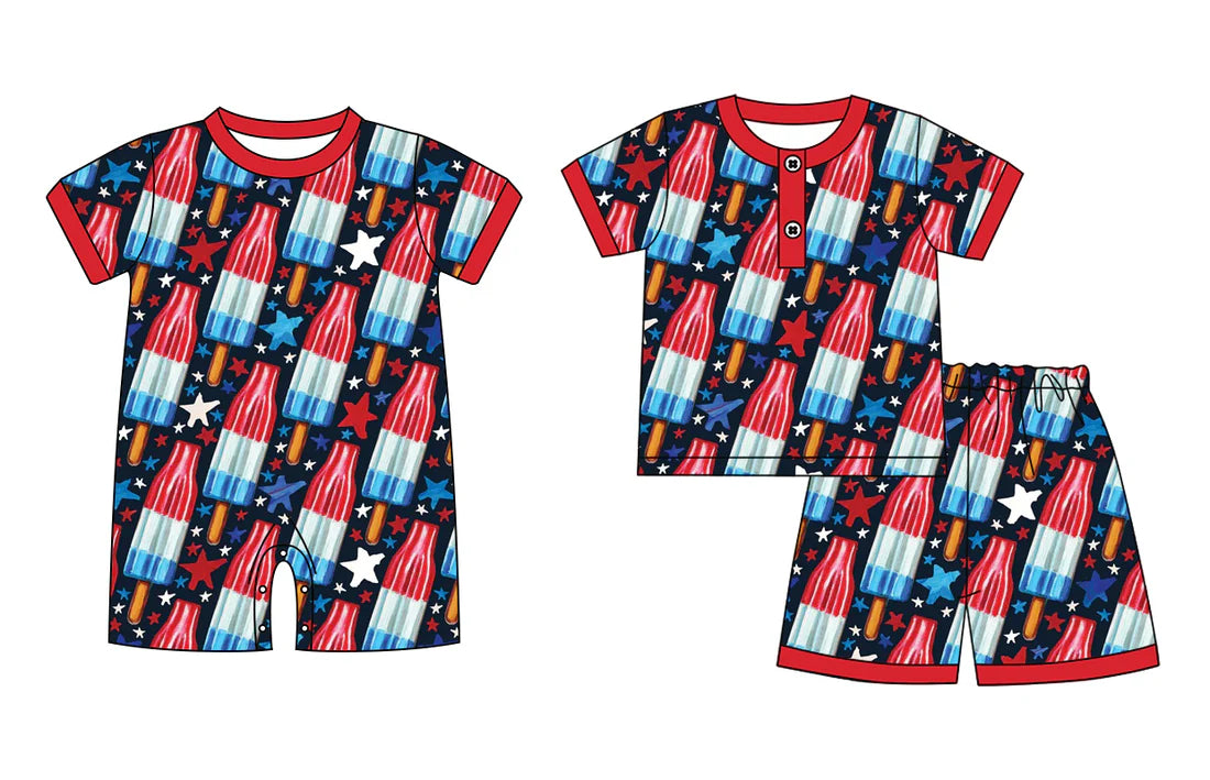 ( Moq 5 Each Style ) Sibling Baby Boys Kids Short Sleeves Popsicle Stars 4th of July Romper Set