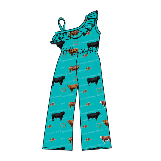 Baby Girl Cow Western Green Pants Ruffle Jumpsuit