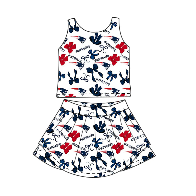 ( Moq 5 each style ) Baby Girl Toddler Team Red Blue Bows Sibling Skort Dress Set 6.4
