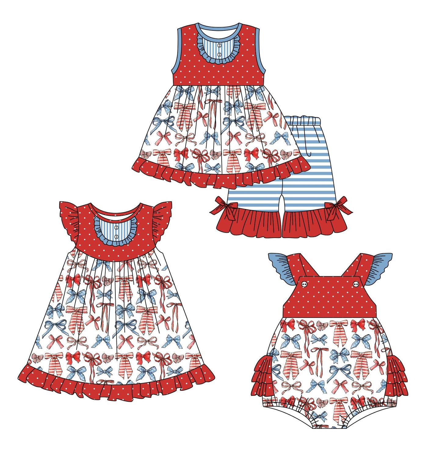 Baby Girl July 4th Bows Sibling Dress Romper Set ( Moq 5 Each Style ) 1.6