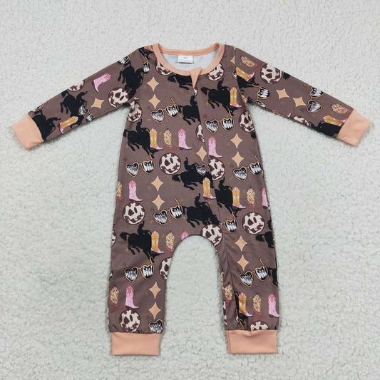 LR0482 Baby Boy Long Sleeves Zipper Western Boots One Piece Romper