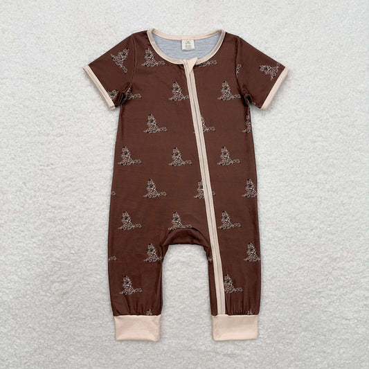 Baby Boy Short Sleeves Brown Camo Ducks Zipper Bamboo Romper