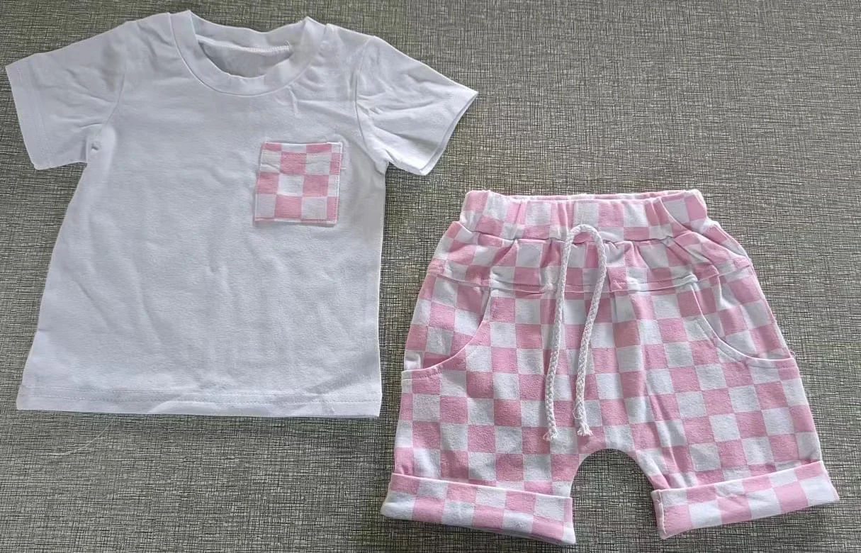 Moq 3 Pre-order GGSSO0920 Baby Girl Short Sleeves Shirts Pink Checkered Pocket Shorts Summer Set