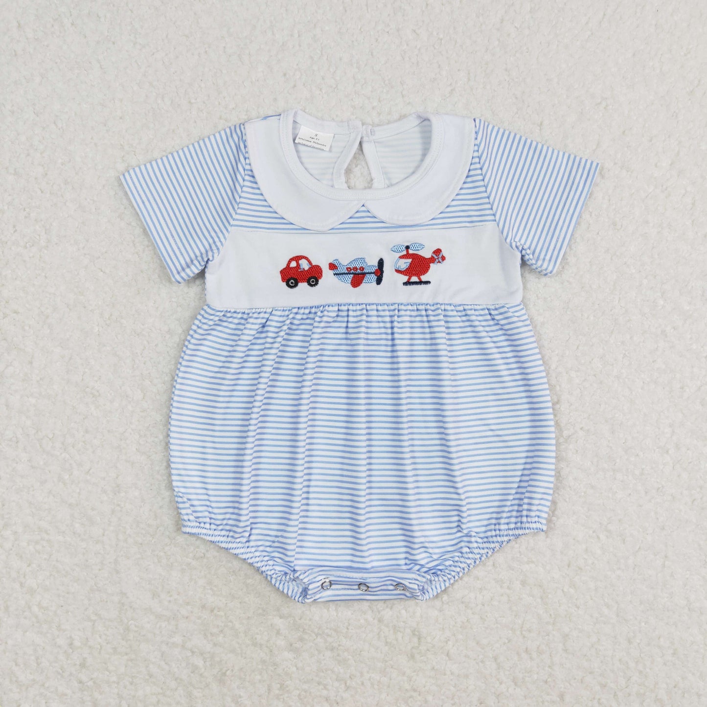 Newborn Baby Boy Short Sleeves Embroidery Planes Blue Stripes Bubble Romper