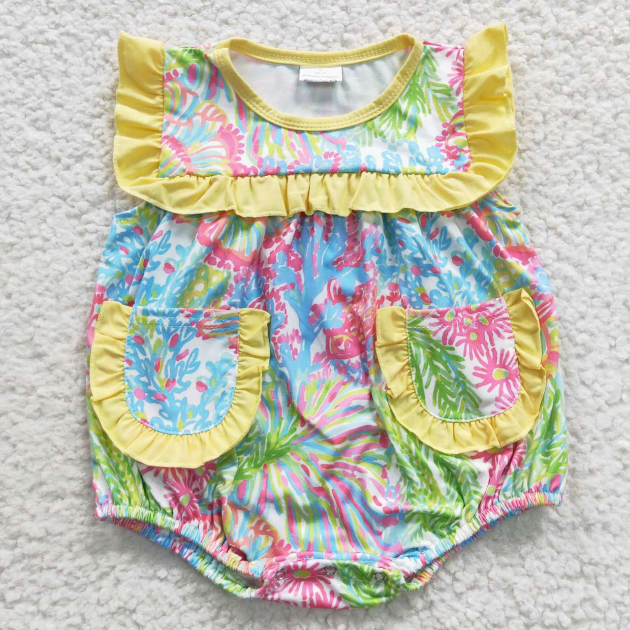 SR0391 Baby Girl Sleeveless Bubble Floral Pocket Summer Romper