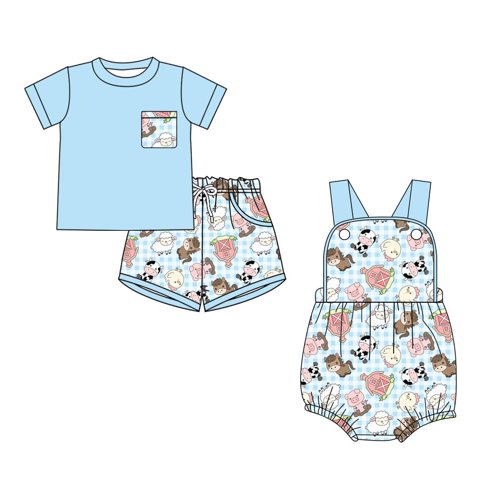 ( Moq 5 Each Style ) Sibling Baby Boys Kids Farm Animals Blue Shirt Shorts Set Romper Clothes