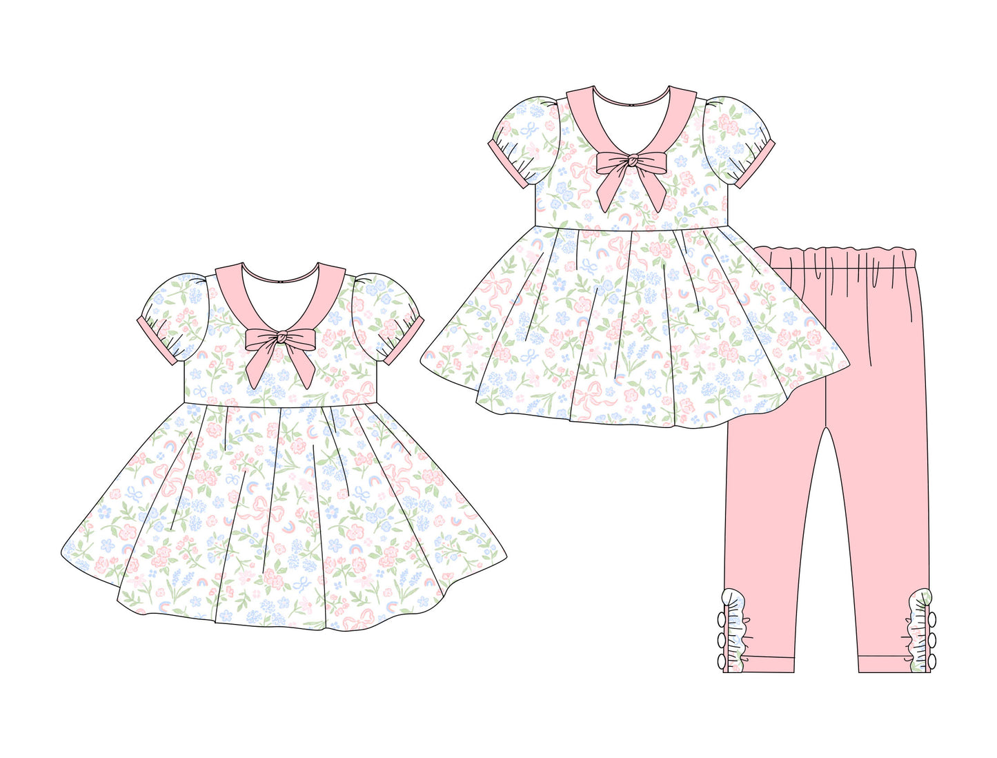 ( Moq 5 Each Style ) Girls Toddler Rainbow Flower Bows Easter Sibling Dress Set