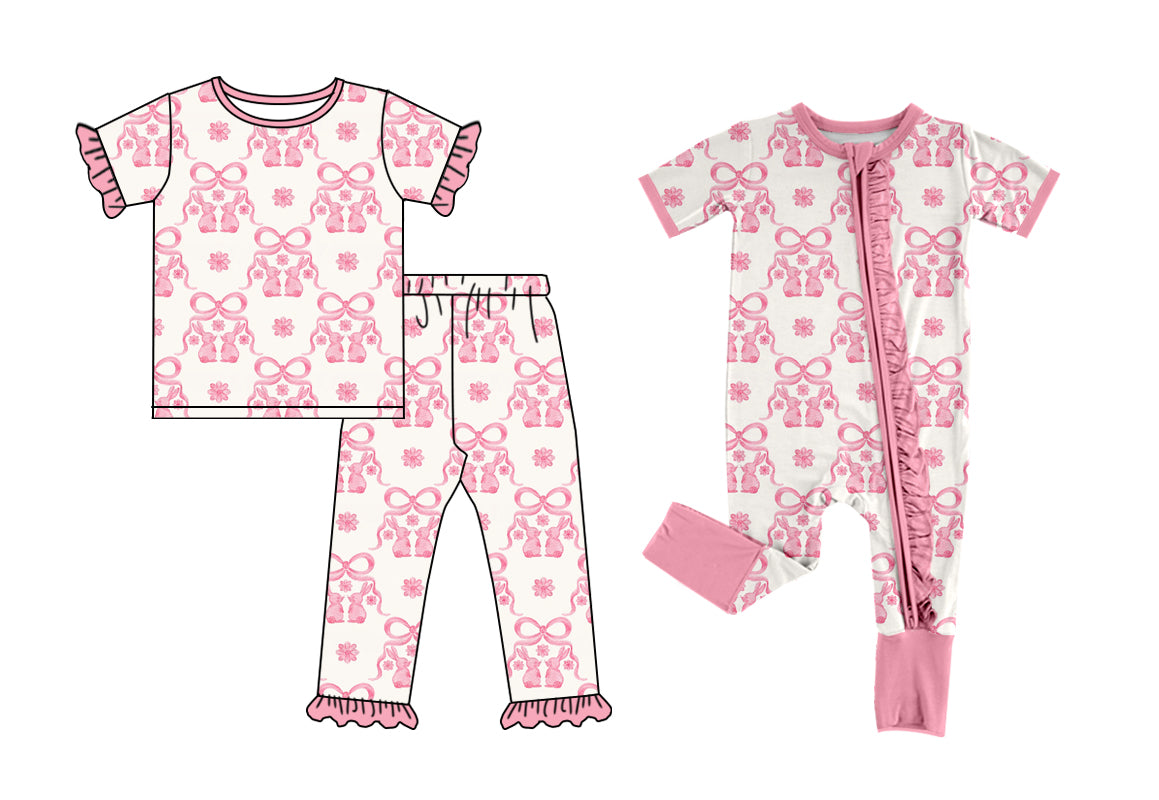 Baby Girl Short Sleeves Easter Rabbits Bows Sibling Romper Clothes Set ( Moq 5 Each Design ) 12.7