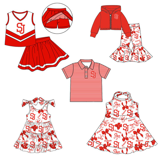 ( Moq 5 each style ) Baby Boy Girl  Team Cheer Sibling Shirt Red Bows Dress Set 8.4