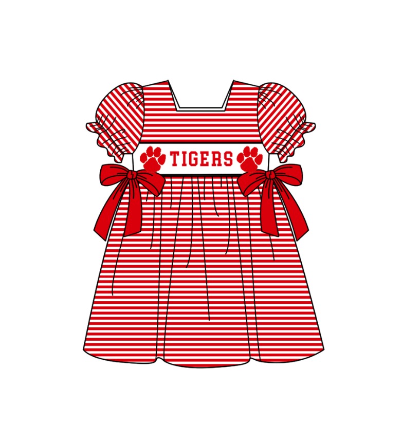 ( Moq 5 ) Baby Girls Toddler Short Sleeves Tigers Red Bows Stripes Knee Length Dress