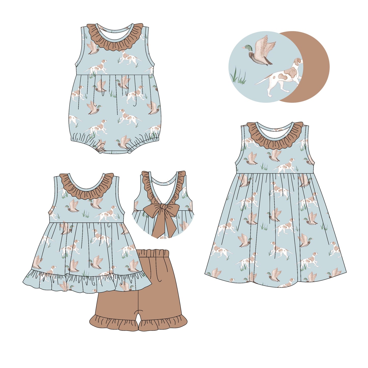 Baby Girl Sleeveless Dogs Ducks Sibling Romper Dress Set ( Moq 5 Each Style ) 3.5