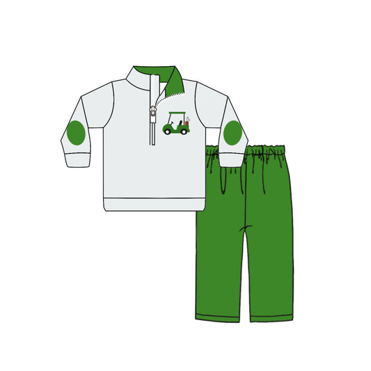 Baby Boy Long Sleeves Golf Print Zipper Shirt Green Pants Hunting Clothes Set Moq 5