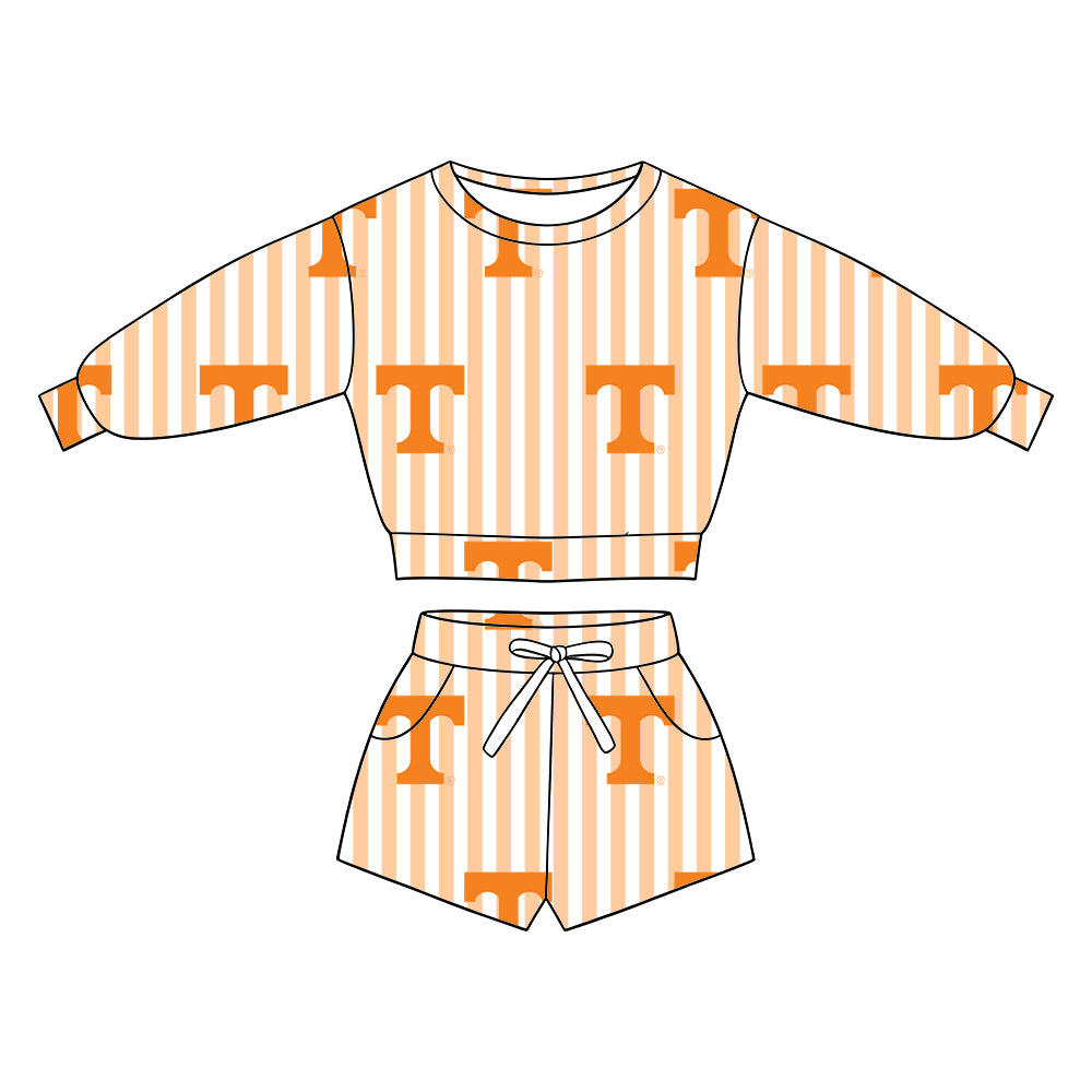 ( Moq 5 ) Baby Girls Kids Long Sleeves Shirt Pockets Shorts Team Set Clothes