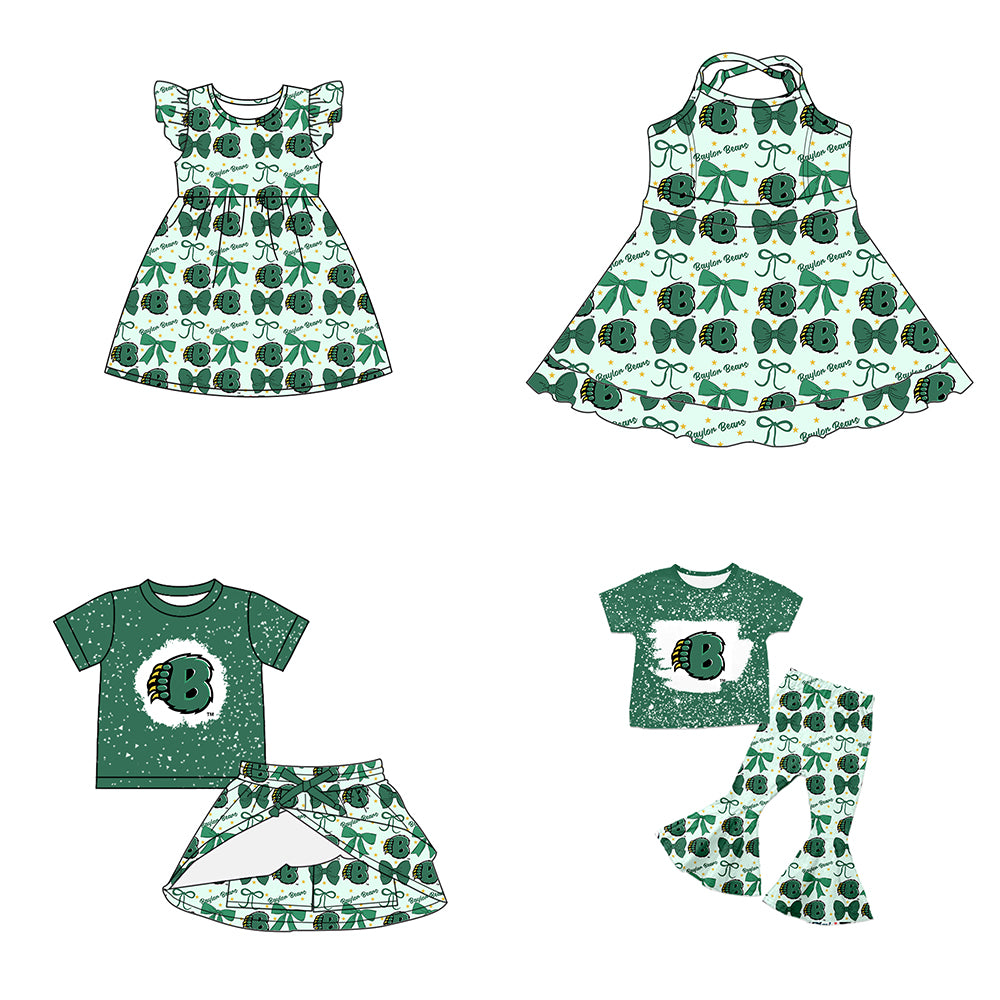 ( Moq 5 each style ) Baby Boy Girl Toddler Team Green Bows ‌Sibling Dress Set