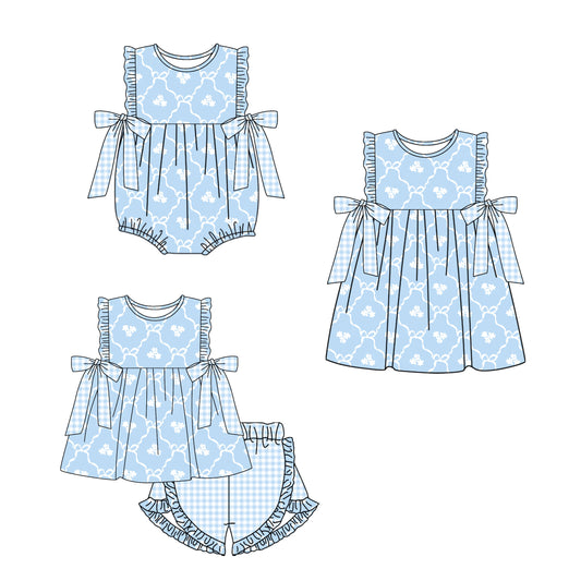 Baby Girl Flower Bows Blue Sibling Romper Dress Clothes Set ( Moq 5 Each Design )