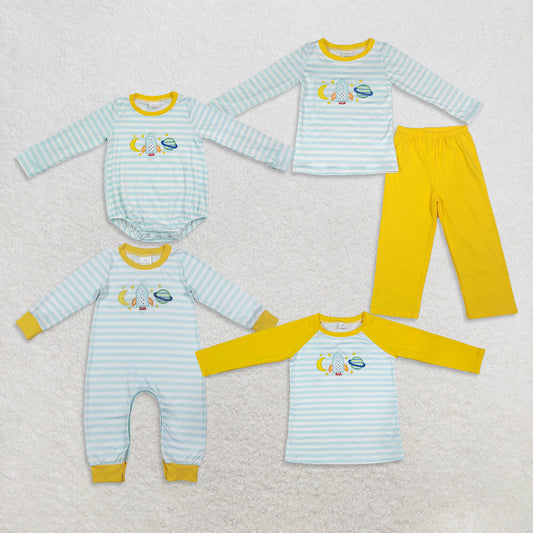 Sibling Baby Boys Kids Embroidery Space Rocket Stripes Romper Shirt Set Clothes RTS