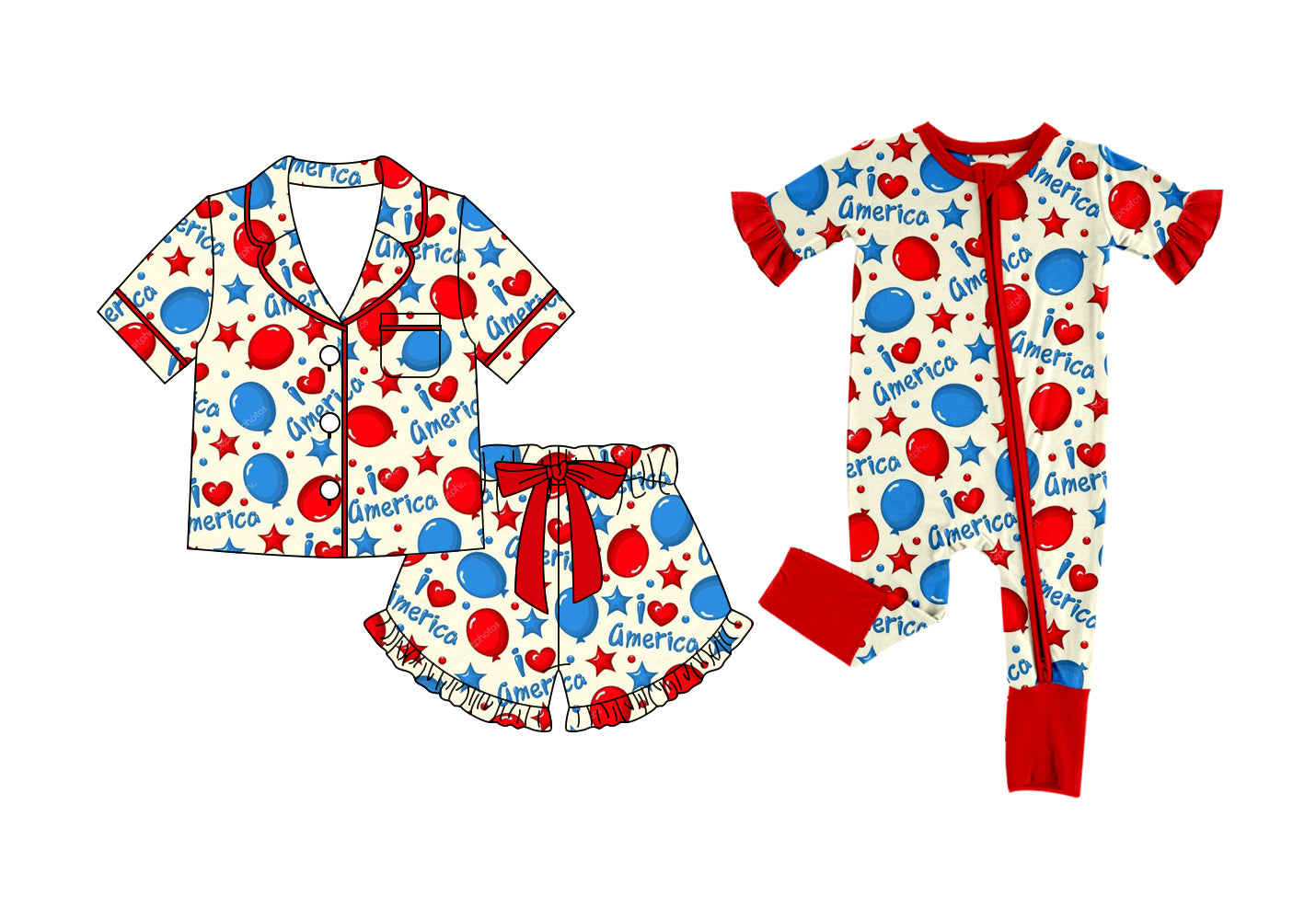 ( Moq 5 Each Style ) Baby Girls Kids Toddler Short Sleeves Sibling 4th of July Romper Pajamas Set