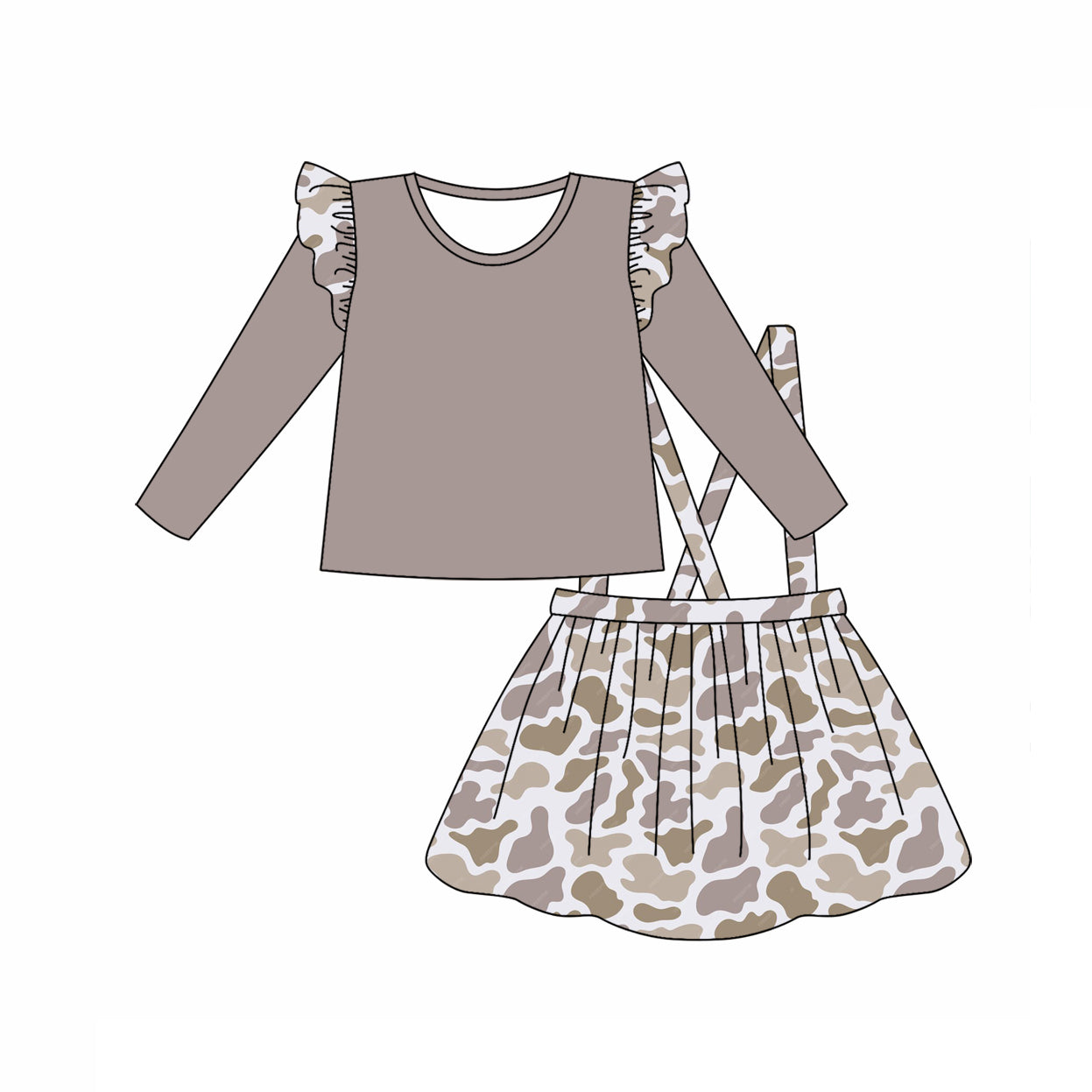 Baby Girl Cotton Ruffle Shirt Grey Camo Suspender Skirt Clothes Set