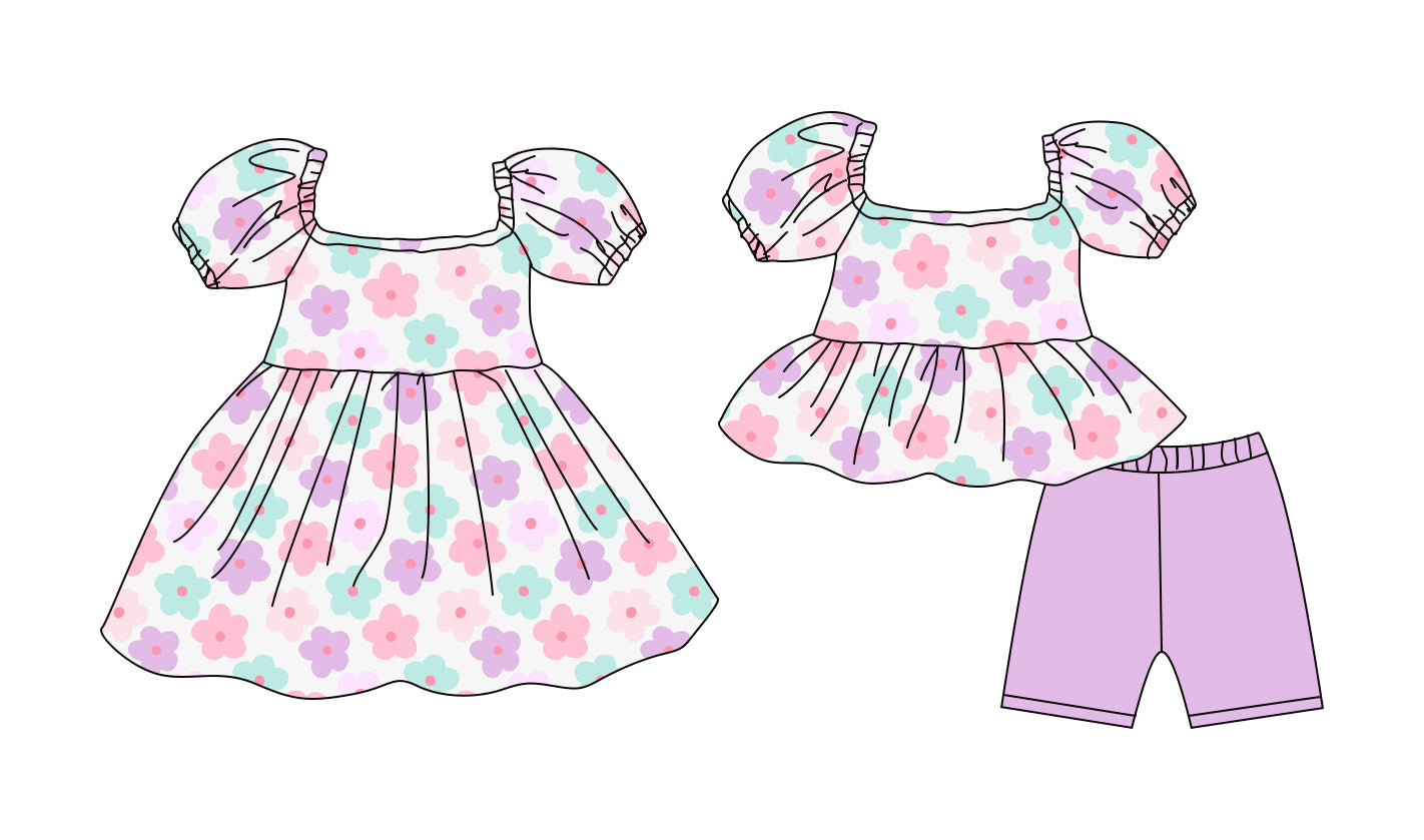 ( Moq 5 Each Style ) Baby Girls Kids Short Sleeves Flower Sibling Purple Dress Set