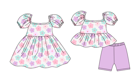 ( Moq 5 Each Style ) Baby Girls Kids Short Sleeves Flower Sibling Purple Dress Set