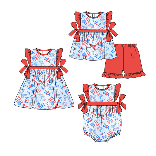 ( Moq 5 Each Style ) Baby Girl Short Sleeves Flags Bows 4th Of July Sibling Romper Dress Set 3.27