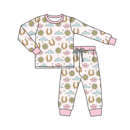 Baby Girl Long Sleeves Western Hats Flower Shirt Pants Pajamas Set