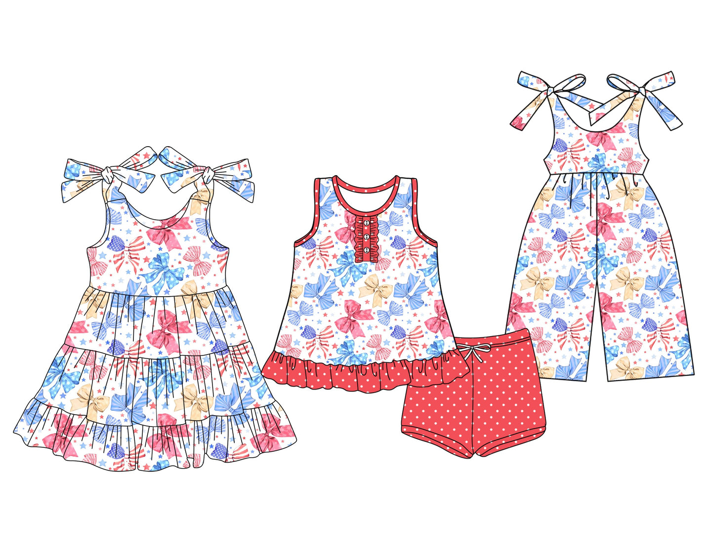 Baby Girl Straps Bows 4th Of July Sibling Jumpsuit Dress Set ( Moq 5 Each Style ) 3.15