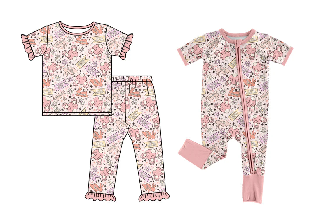 ( Moq 5 Each Style ) Baby Girls Short Sleeves Rabbits Flower Sibling Easter Zipper Romper Set