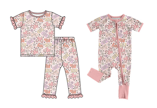 ( Moq 5 Each Style ) Baby Girls Short Sleeves Rabbits Flower Sibling Easter Zipper Romper Set