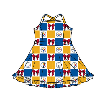 ( Moq 5 Each Style ) Baby Boys Girls Toddler Bows Team Sibling Blue Yellow Plaid Shorts Dress Sets Clothes