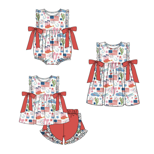Baby Girl Western Boots Bows Sibling Romper Dress Set ( Moq 5 Each Style ) 12.24