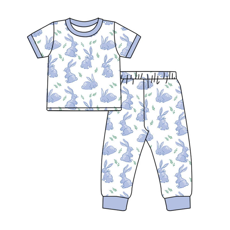 Baby Boy Short Sleeves Blue Rabbit Shirt Pants Pajamas Easter Set Moq 5